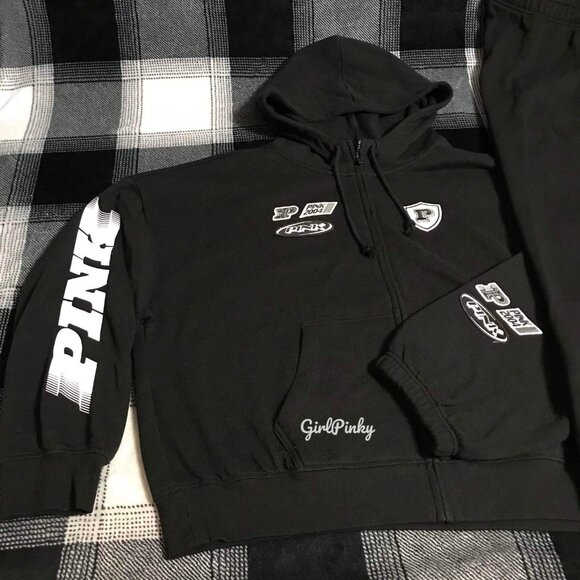 victoria secret PINK RACING sweatpants OUTFIT & FULL ZIP IN BLACK SIZE SMALL - Picture 10 of 12